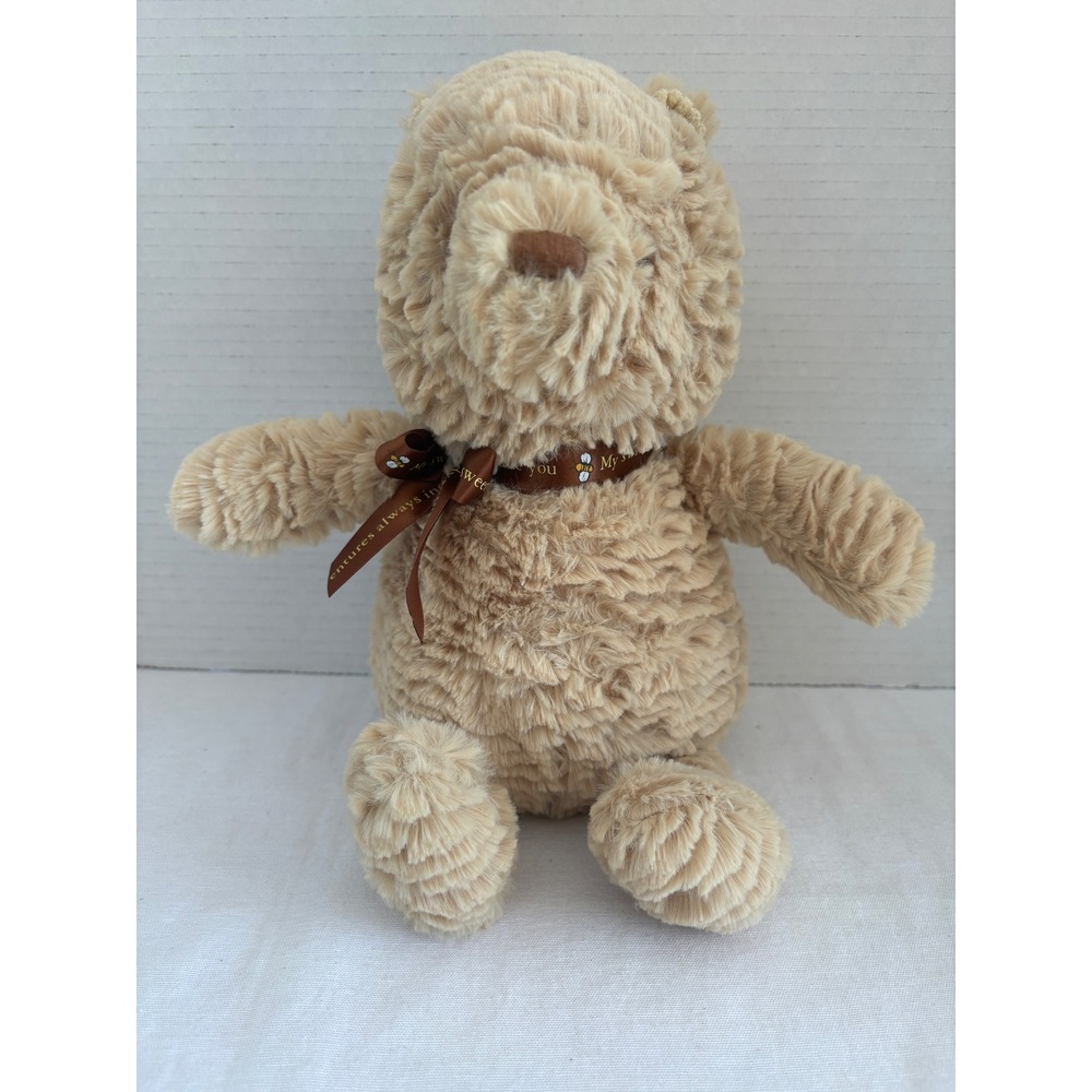 Disney‎ Classic Winnie the Pooh Plush Tan Textured Fur Brown Ribbon 13 Inch